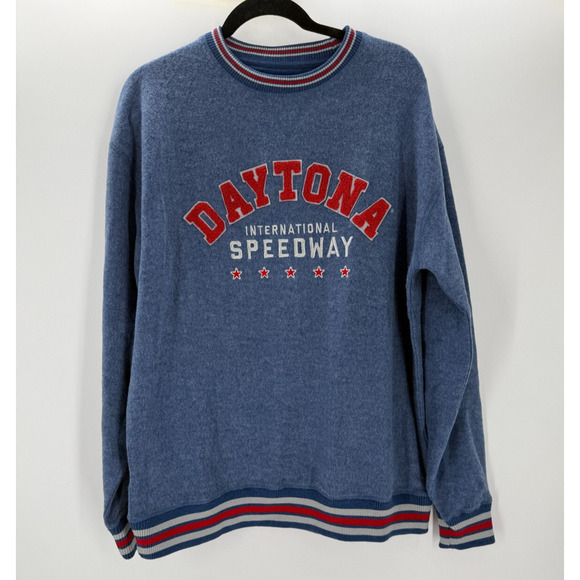 Nascar Daytona Sweatshirt Retro Applique Embroidered Crewneck Blue Soft Large - Picture 1 of 7
